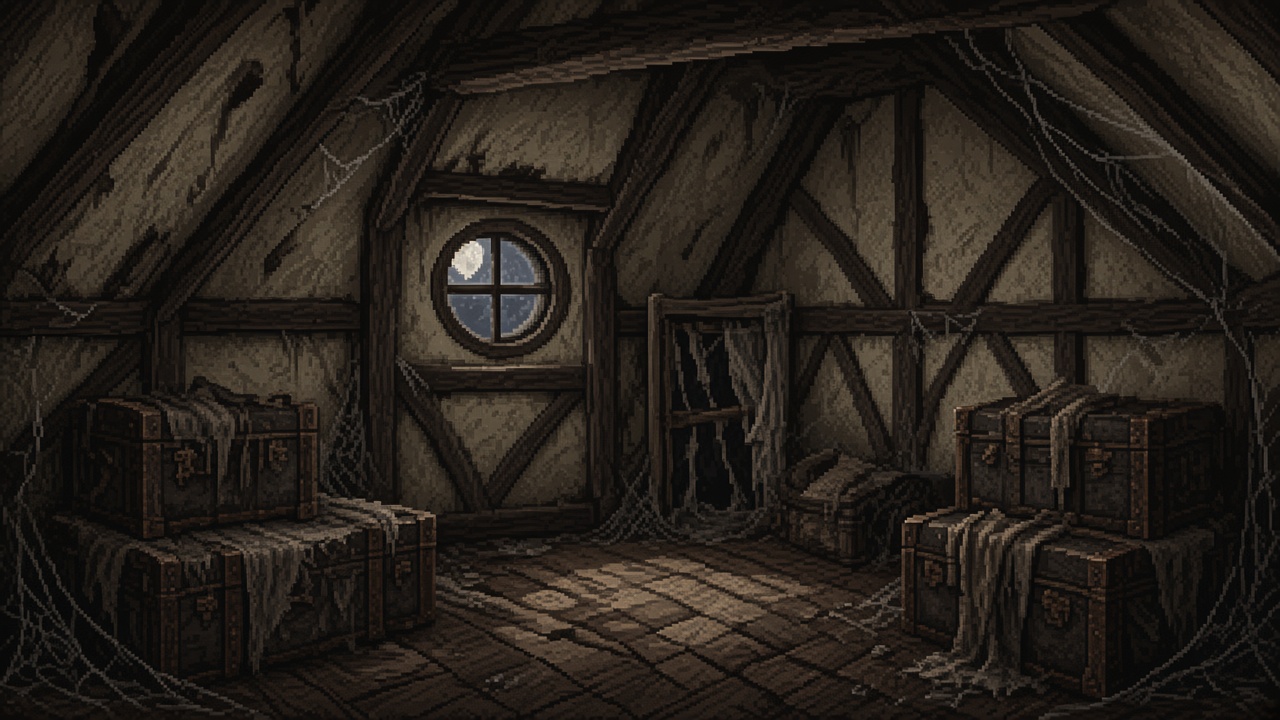 The attic, lit by moonlight through the rafters